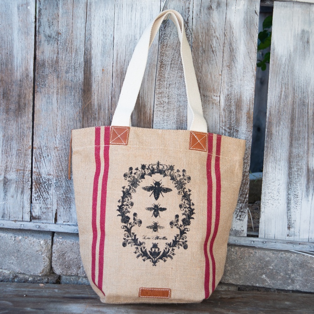 Burlap tote handbag leather accents